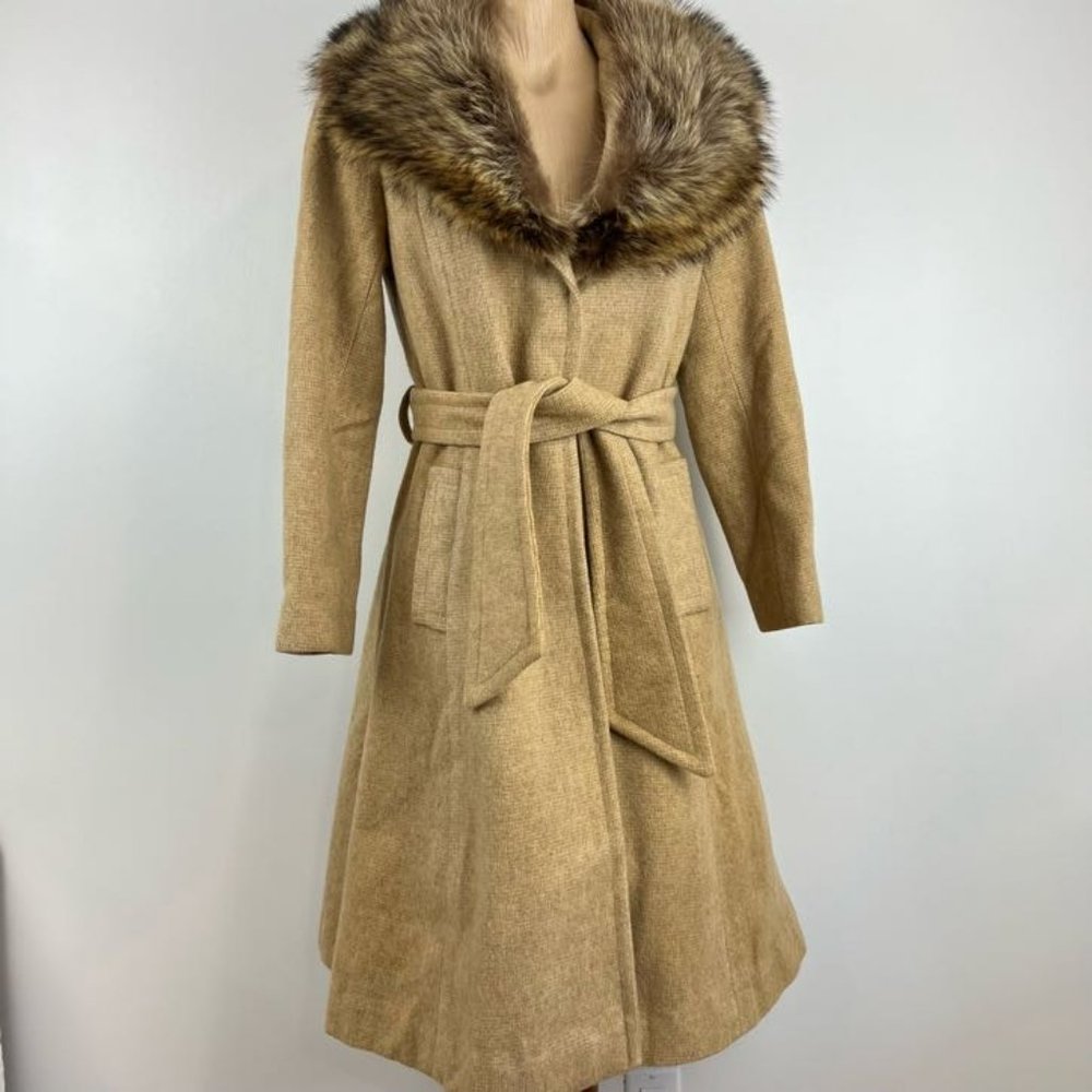 Vintage Penny Lane Wool Beige Winter Coat with Authentic Fur Collar XS